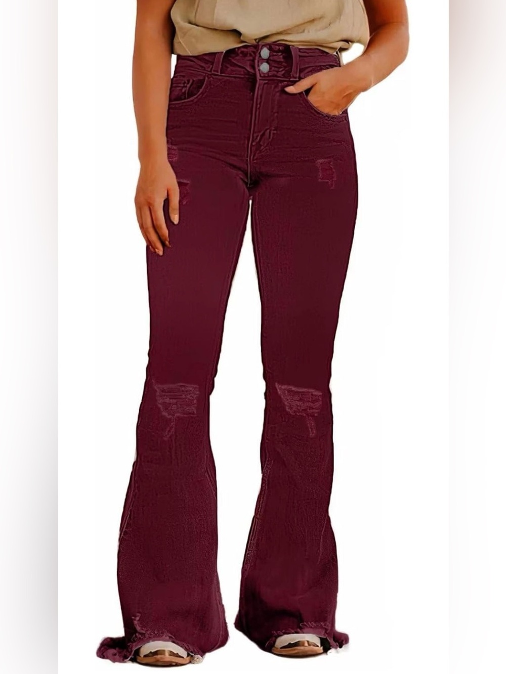 Boot-Cut Distressed High-Rise Pants in Raspberry